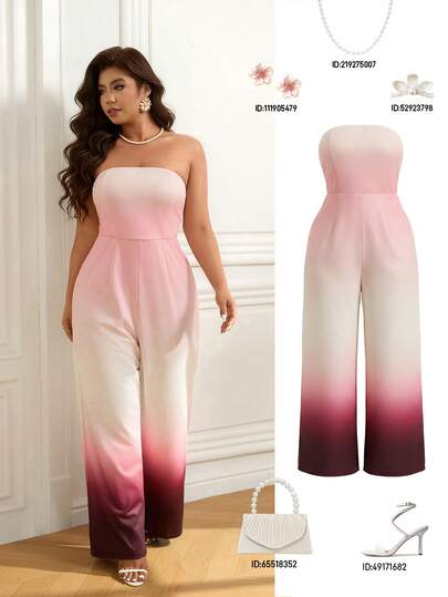 Femmeverse Plus Size Women's Fashionable & Elegant Ombre Print Strapless Wide Leg Jumpsuit