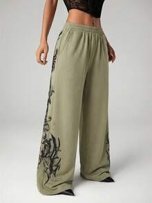 SHEIN ICON Women's Elastic Waist Pocket Wing Pattern Casual Versatile Daily Wear Wide Leg Pants - Volcanic Gray - View 6