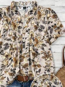 Franclia Plus Size Heart Print Fabric Ruffle Collar V-Neck Front Opening Puff Sleeve Short Sleeve Women Blouse, Suitable For Valentine's Day Summer Causal Tops Floral Blouses For Women Plus Size Summer Shirts Boho Tops Plus Size Casual Summer Outfits Women Outfit Ideas For Women Boho Outfit For Women Summer Outfits Women Summer Casual Tops - Multicolor - View 3