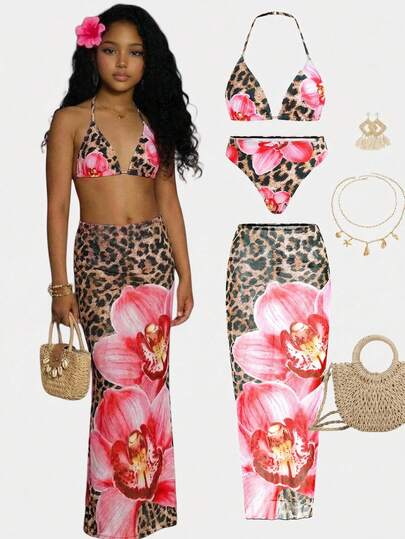 SHEIN Girlism Conjunto de bikini de 3 piezas con estampado de leopardo y floral, ajuste slim, tirantes finos para adolescentes, traje de baño de playa de verano con estampado de leopardo negro y floral colorido