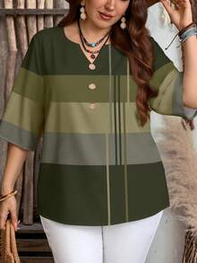 EMERY ROSE Kemeja Kasual Serbaguna Wanita Ukuran Besar Model V-Neck dengan Blok Warna, Cocok untuk Pemakaian Sehari-hari di Musim Panas - Hijau - View 3