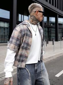 Artur Kramer 男士格子印花前开襟纽扣口袋休闲长袖衬衫 - 卡其色 - 查看 5