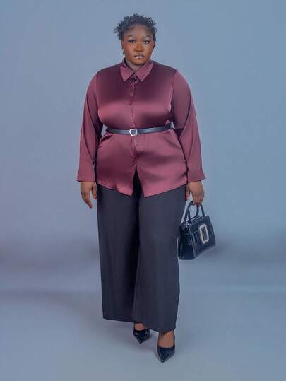 CurvyTilda 休闲法式缎面米色加大码开衫衬衫，适合办公室、通勤和日常穿着