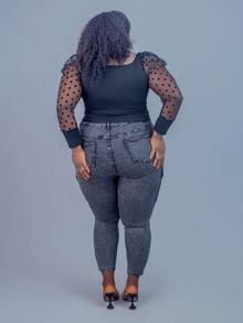 CurvyTilda 大碼拼接波點網紗羊腿袖方領上衣 - 黑色 - 查看 4