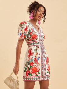 Travachic Vestido corto de verano con estampado tropical de loro, mangas de pétalos y cintura ceñida para vacaciones en la playa - Multicolor - Ver 4