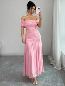 Elenzga Đầm dài trễ vai thanh lịch dành cho nữ, mùa hè - Hồng - Xem 4