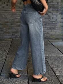 DAZY 女士直筒九分休闲牛仔裤 - 中等水洗藍 - 查看 4