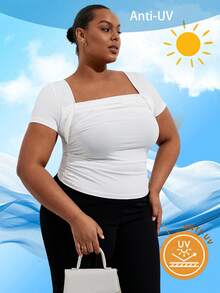 SHEIN Clasi Plus Size Women's T-Shirt,Square Neck Short Sleeve White Summer Smart Casual Hiking Tops,UV Protection High Elasticity 4-Way Stretch Elegant Blouses - White - View 6