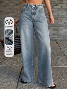DAZY 女士低腰宽松直筒休闲牛仔裤 Y2k - 中等水洗藍 - 查看 1