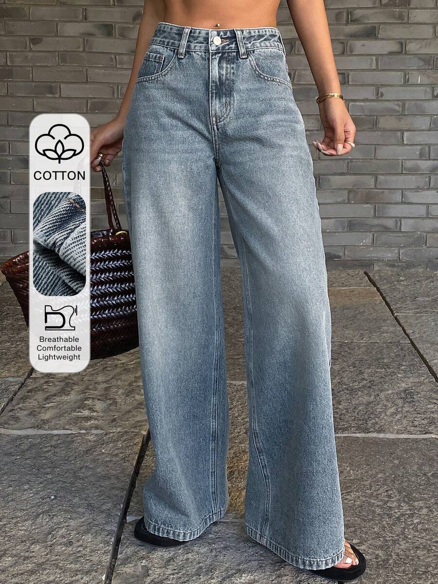 DAZY 女士低腰宽松直筒休闲牛仔裤 Y2k - 中等水洗藍 - 查看 1