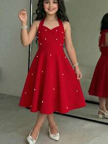 SHEIN Vestido elegante con cuello de halter con cuentas para niñas preadolescentes - Rojo - Ver 6