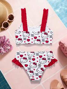 HELLO KITTY AND FRIENDS | SHEIN 少女暑假卡通猫印花荷叶边比基尼泳装 - 紅色 - 查看 2