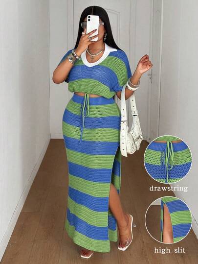 Maweii Conjunto de punto de talla grande con top corto ajustado de manga corta con cuello en V a rayas y falda maxi con abertura lateral y cintura elástica con lazo, para uso diario y casual, estilo deportivo y de moda callejera