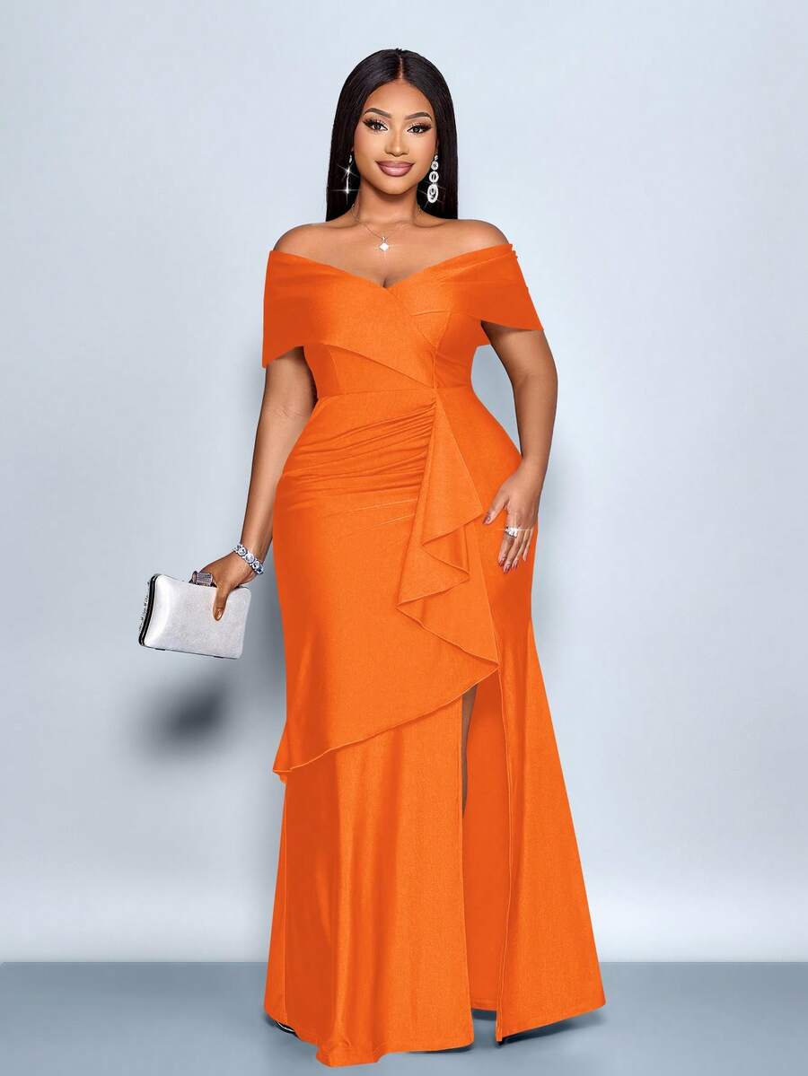 SOLERSUN 大码女士优雅藏蓝色露肩荷叶边性感连衣裙，适合圣诞派对、度假、约会、情人节约会、夜店性感装扮、长款连衣裙、优雅女士连衣裙、派对礼服、正式礼服、白色连衣裙、奢华晚礼服、婚礼宾客礼服，2026年新款，新年款 - 橘色 - 查看 1