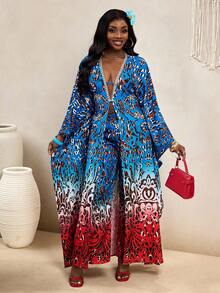 BamGleam Blue Boho Style Long Batwing Sleeve Random Print Two-Piece Outfit For Women Woven Fabric Top And Pants - Blue - View 5