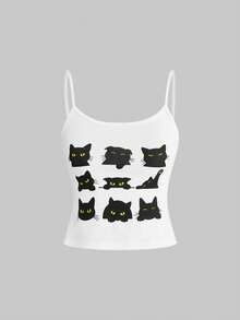 ROMWE Kawaii Cat Print Camisole For Women - White - View 6