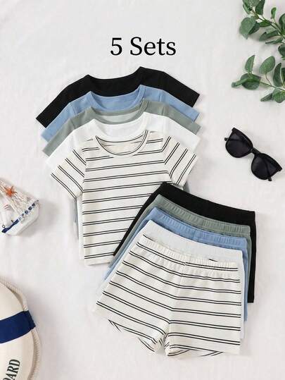 SHEIN 5 Packs Toddler Boy Kids Casual Style Striped And Solid Color Crew Neck Short Sleeve Soft Breathable Category Tops Shirts T-Shirts And Shorts Pants Trousers 2 Piece Sets Outfit For  Vacation Summer Season