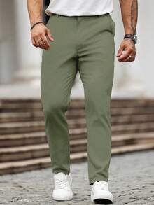 Manfinity Homme Men's Casual Versatile Solid Color Pants - Army Green - View 4