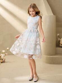 Tween Girl Floral Embroidered Mesh Round Neck Sleeveless Dress - White - View 7