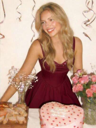 SHEIN MOD 大码纯色甜心领宽肩带鱼骨褶裥亮片装饰连衣裙。酒红色涤纶连衣裙，挺括的胸衣，无袖设计，串珠细节，A字裙摆，纯色经典款式，柔软面料，收腰设计，适合春夏秋季日常穿着，街头风女装，生日礼服，约会装，伴娘礼服。