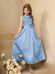 Tween Girl Elegant Blue Lace Bow Sleeveless Long Fitted Dress, Suitable For Evening Party, Christmas, Halloween, Wedding, Prom, Graduation, Back To School And Other Occasions - Blue - View 5