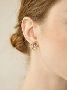 MOTF PREMIUM Pendientes simples personalizados con baño de oro de 18K y gema púrpura - Morado - Ver 3