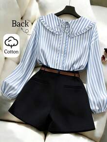 Franclia 女士休闲度假涤棉混纺条纹彼得潘领短灯笼袖纽扣长袖衬衫 - 藍白色 - 查看 1