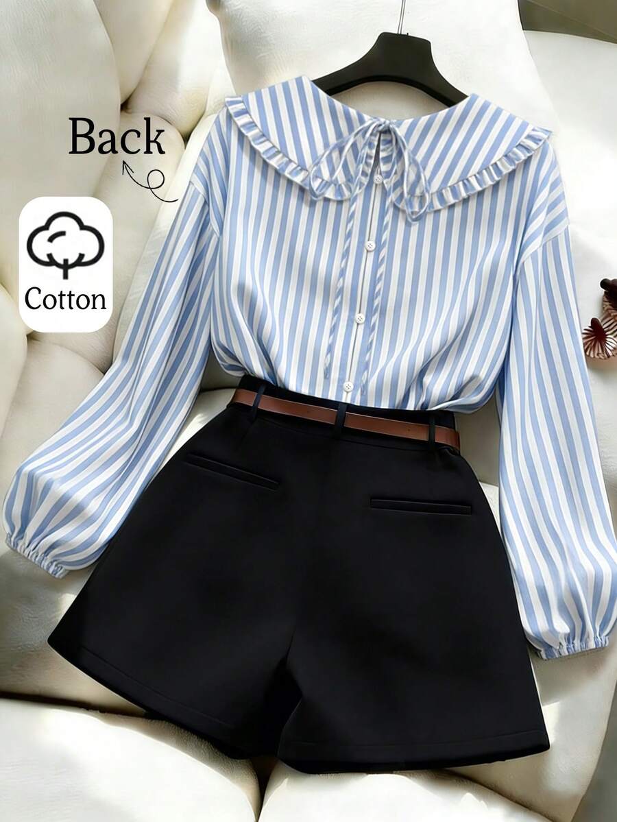 Franclia 女士休闲度假涤棉混纺条纹彼得潘领短灯笼袖纽扣长袖衬衫 - 藍白色 - 查看 1