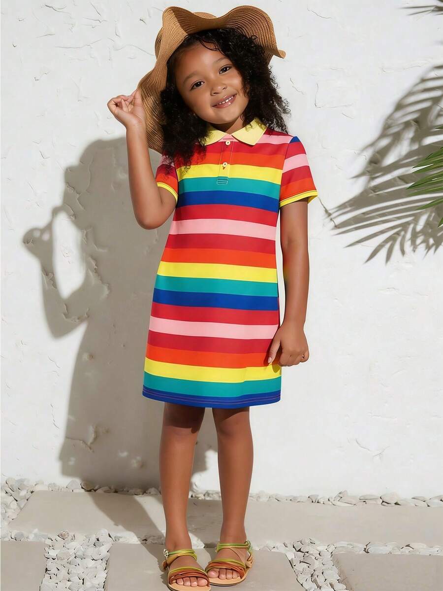 Vestido casual, cómodo y versátil con cuello polo a rayas de arcoíris, para niñas jóvenes, dulce y lindo - Rojo - Ver 1