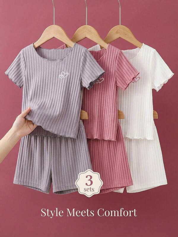 SHEIN 3件套女婴可爱碎花短袖上衣短裤套装，夏季