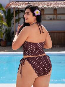 Swim Mod Women's Polka Dot Print Sweet Beach Halter Neck Bikini Set, Plus Size, Spring/Summer - Multicolor - View 2