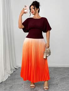 Elenzga Casual Plus Size Co-Ord For Women Boat Neck Batwing Sleeve Top And Pleated Gradient Skirt Outfit,Plus Size Women 2-Piece Set, Brown-Red Ombre Pleated Top And Ombre Skirt, Elegant For Parties, Commuting, Afternoon Tea - Multicolor - View 3