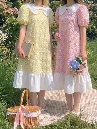 Girls' Short-Sleeved Multi-Colored Elegant Dress With Delicate Neckline And Tassel Details, Elasticated Cuffs And Hem, And Contrasting Color Design. Suitable For Everyday Wear, Birthday Parties, And Formal Occasions In Spring And Summer.