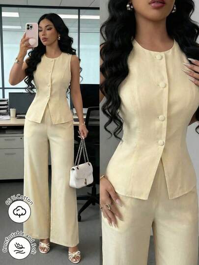 Modelyn Traje elegante y de moda con chaleco sin mangas y pantalones de pierna ancha para ir al trabajo