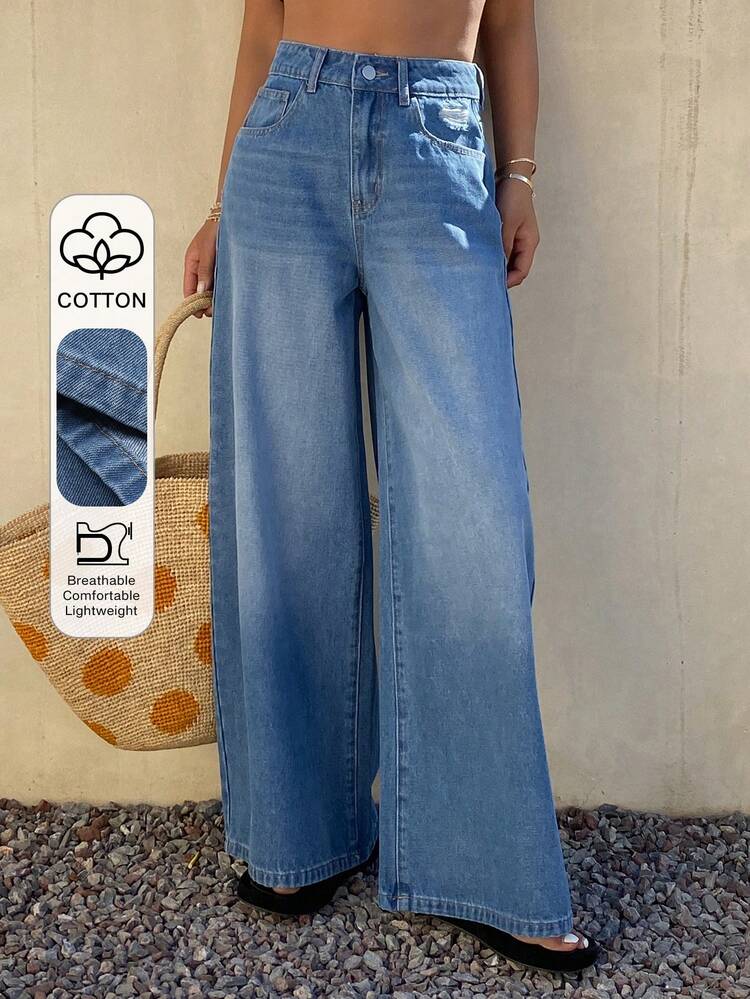 Women's Regular Mid-Rise Distressed Loose Straight Leg Jeans