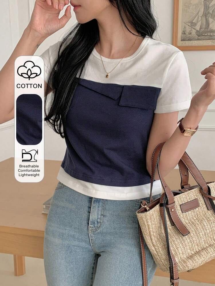 Women's Summer Contrast Color Round Neck Short Sleeve 2 In 1 Splicing Casual T-Shirt