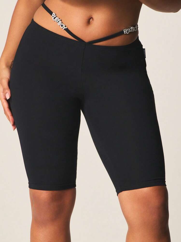Missguided x Playboy Embellished High Rise Stretch Leggings With Cutout Waistband Detail And Rhinestone Accents For Casual Comfort