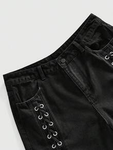 ROMWE MEN Grunge Punk Men's Drawstring Decorated Loose Denim Shorts - Black - View 4