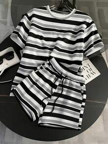 SHEIN 女士休闲条纹印花T恤短裤两件套，夏季 - 彩色 - 查看 1