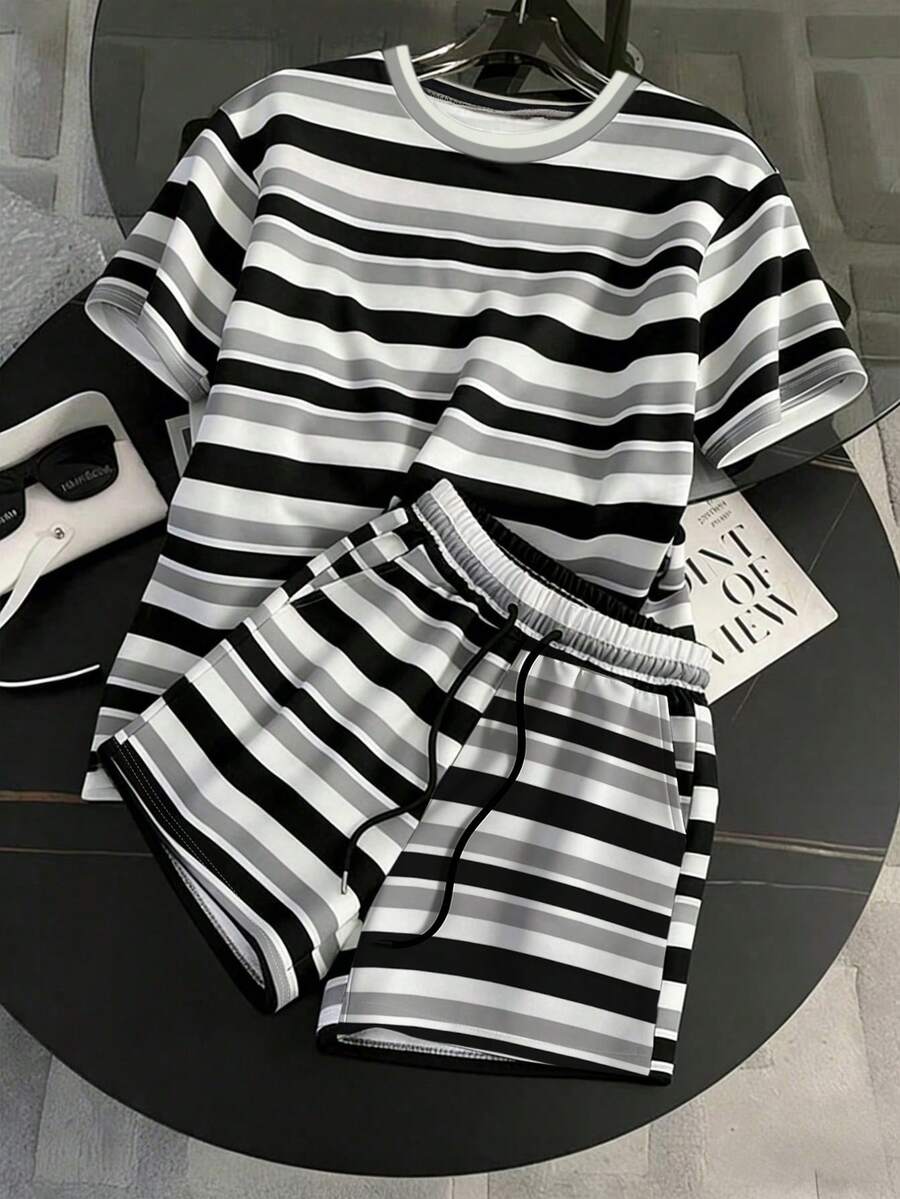 SHEIN 女士休闲条纹印花T恤短裤两件套,夏季 - 彩色 - 查看 1