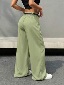 SHEIN EZwear Casual Versatile Commuter Solid Color Belted Wide Leg Pants - Fresh Green - View 2