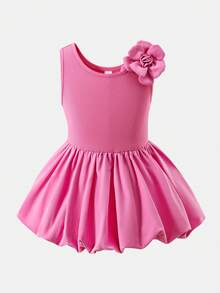 SHEIN 女童针织圆领花卉拼接无袖休闲中长连衣裙 - 粉色 - 查看 5