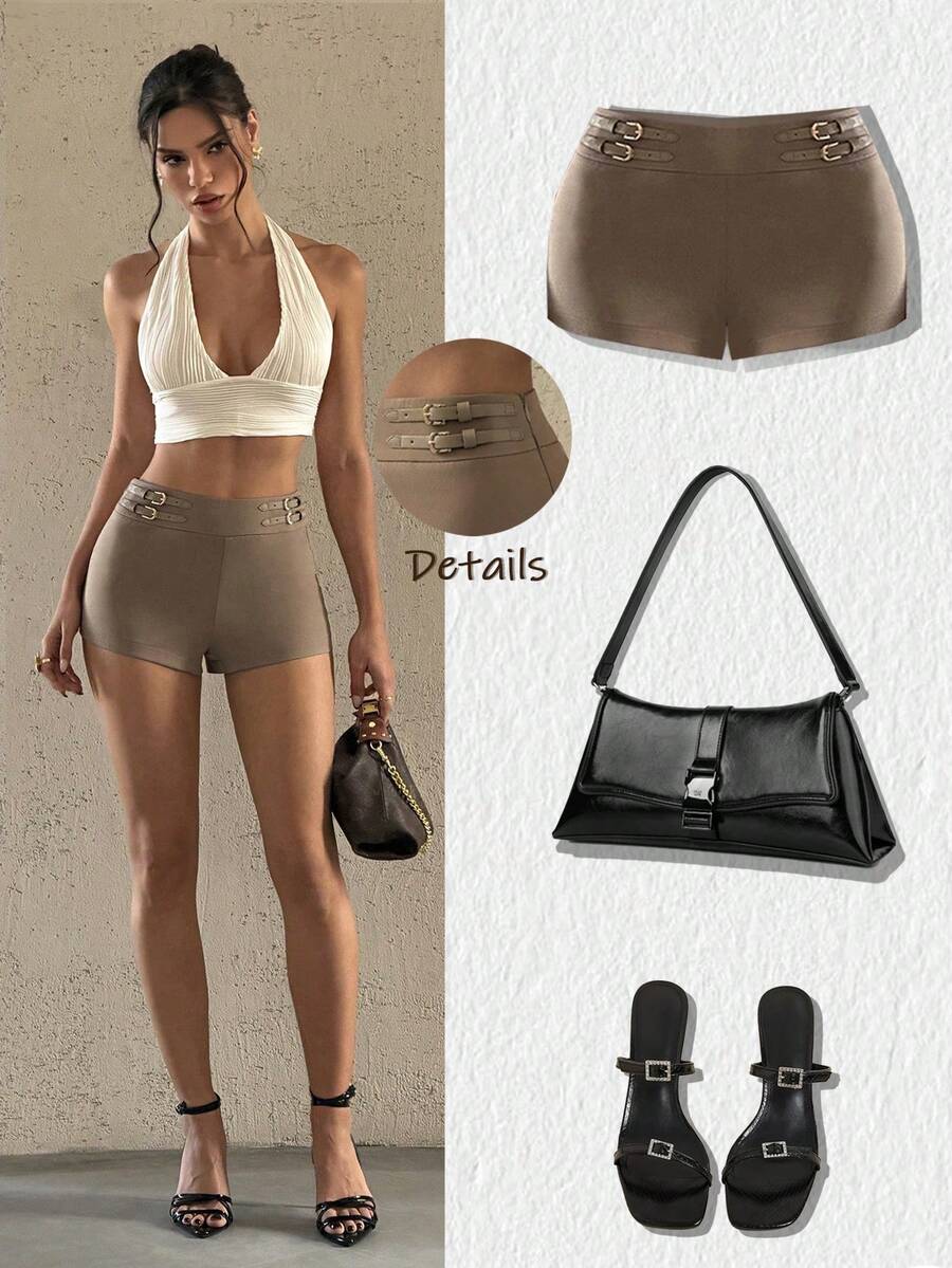 Bluhae Stylish Khaki Mini Shorts For Women Casual Woven Fabric Plain Design With Decorative Buckles - Khaki - View 1