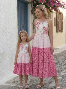 SHEIN Young Girls Pink Ditsy Floral Dress, Girls White Summer Party Ditsy Floral Contrast Color Polka Dot Spaghetti Strap Sleeveless Tiered Flowy Sundress - Pink - View 9
