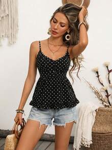 Breezaya 女士复古波点V领单排扣褶皱荷叶边吊带背心，适合情人节约会、朋友聚会、夜市漫步，甜美又性感，春夏皆宜。 - 黑與白 - 查看 6