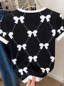 SHEIN Women's Casual Bow Print Round Neck Short Sleeve T-Shirt - Multicolor - View 2