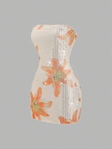 Sweetra 女士新款时尚百搭印花亮片刺绣修身迷你连衣裙，露肩吊带鸡尾酒裙 - 香檳色 - 查看 3