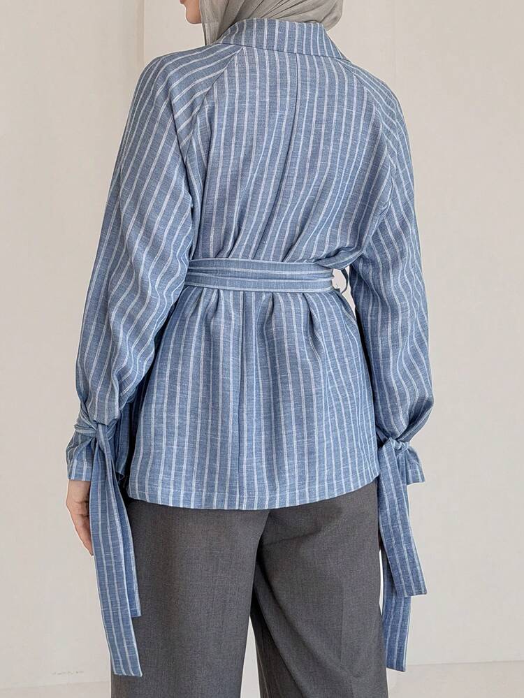 Women's Casual Striped Blazer With Belt, Suitable For Spring And Summer