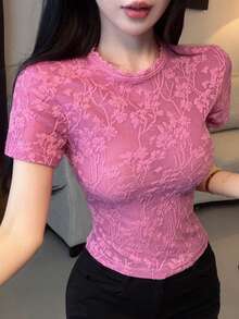 DAZY 花卉印花蕾絲短版上衣，適合婚禮、派對、音樂節，修身短袖女款T恤，春/夏 - 玫紅色 - 查看 8