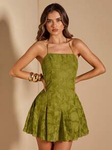 SHEIN BAE 绿色提花编织露背紧身迷你连衣裙，适合度假、约会、音乐节、生日、早午餐、伴娘、婚礼宾客、春夏穿着。 - 綠色 - 查看 5